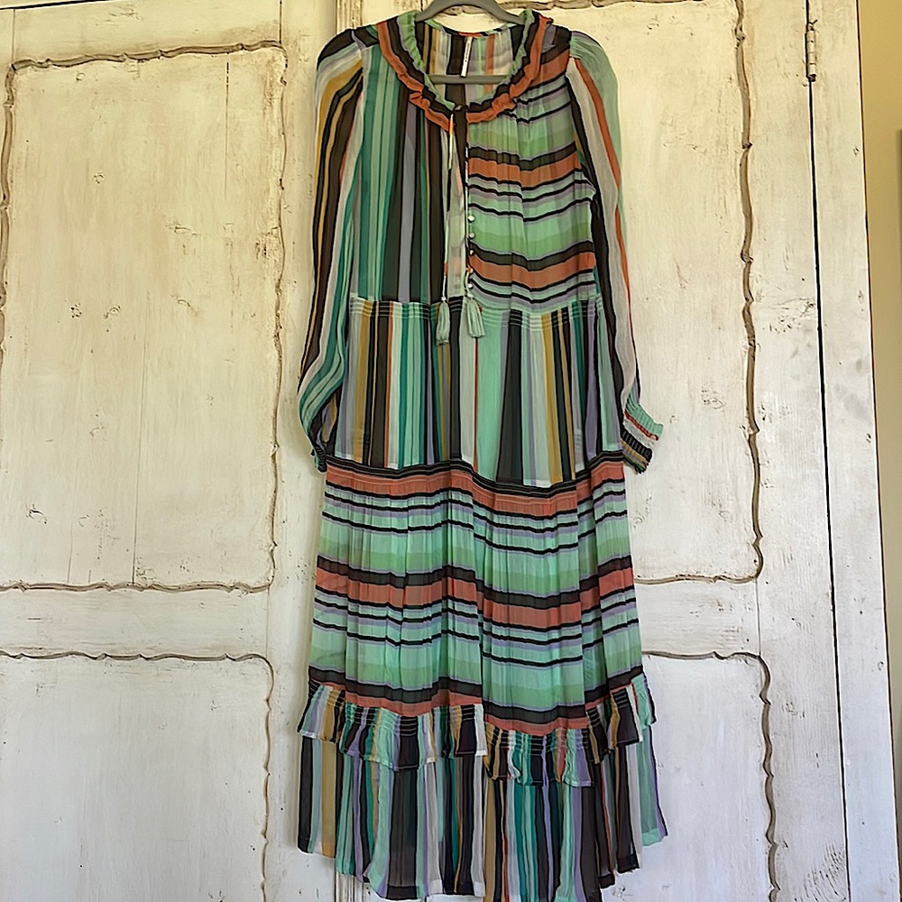 Anthropology Marais Maxi dress. Green, Multi 3 tiered skirt.Green under slip.